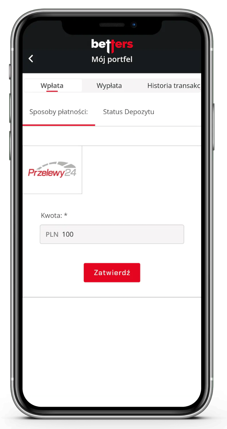 Jak dokonać wpłaty w aplikacji mobilnej Betters - zaloguj się w aplikacji, przejdź do rozdziału wpłata, wpisz kwotę i wybierz metodę
