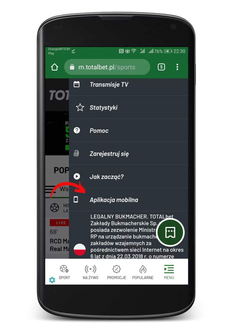 Jak zainstalować apkę totalbet na Android krok 2 - rozdział aplikacja mobilna