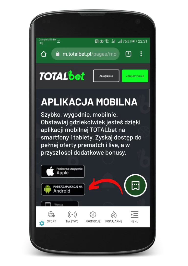 Jak zainstalować apkę totalbet na Android krok 3 - pobierz aplikację
