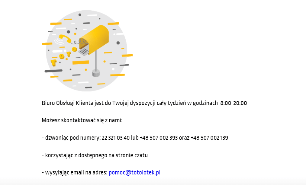 Adres mailowy do korespondencji z obsługą klienta na stronie internetowej Totolotek