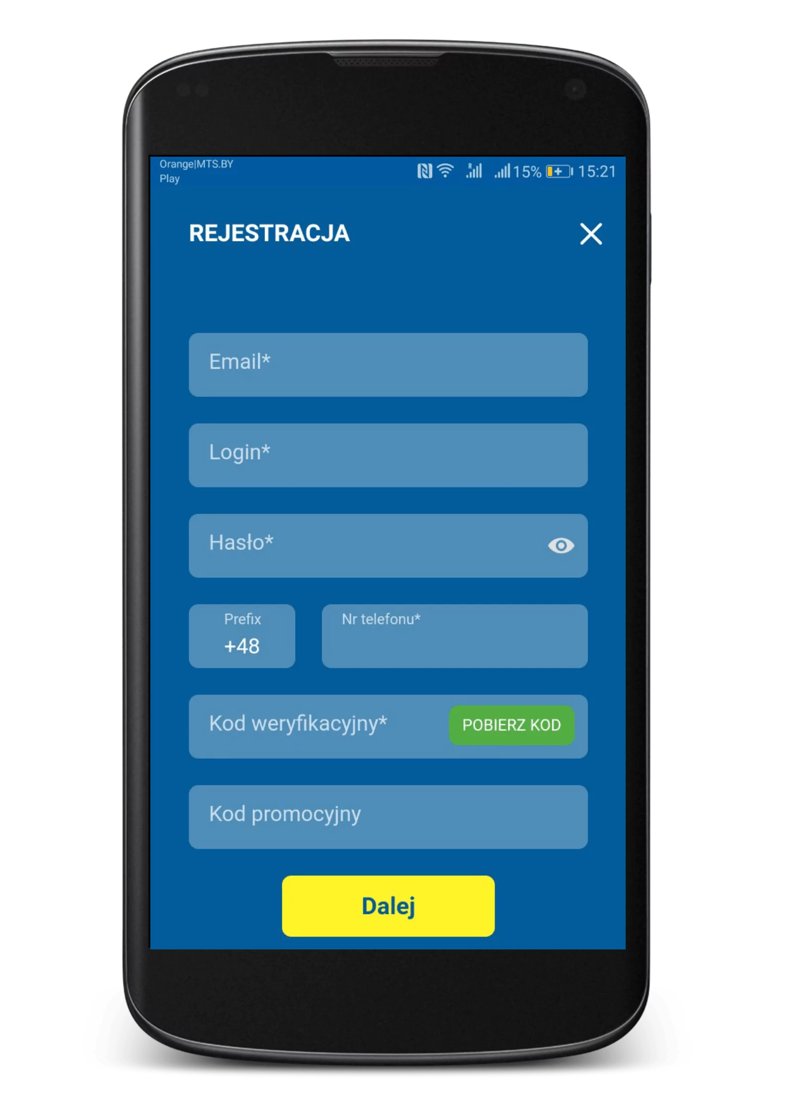 Rozdział rejestracji nowego konta w aplikacji mobilnej Betcris dla Android