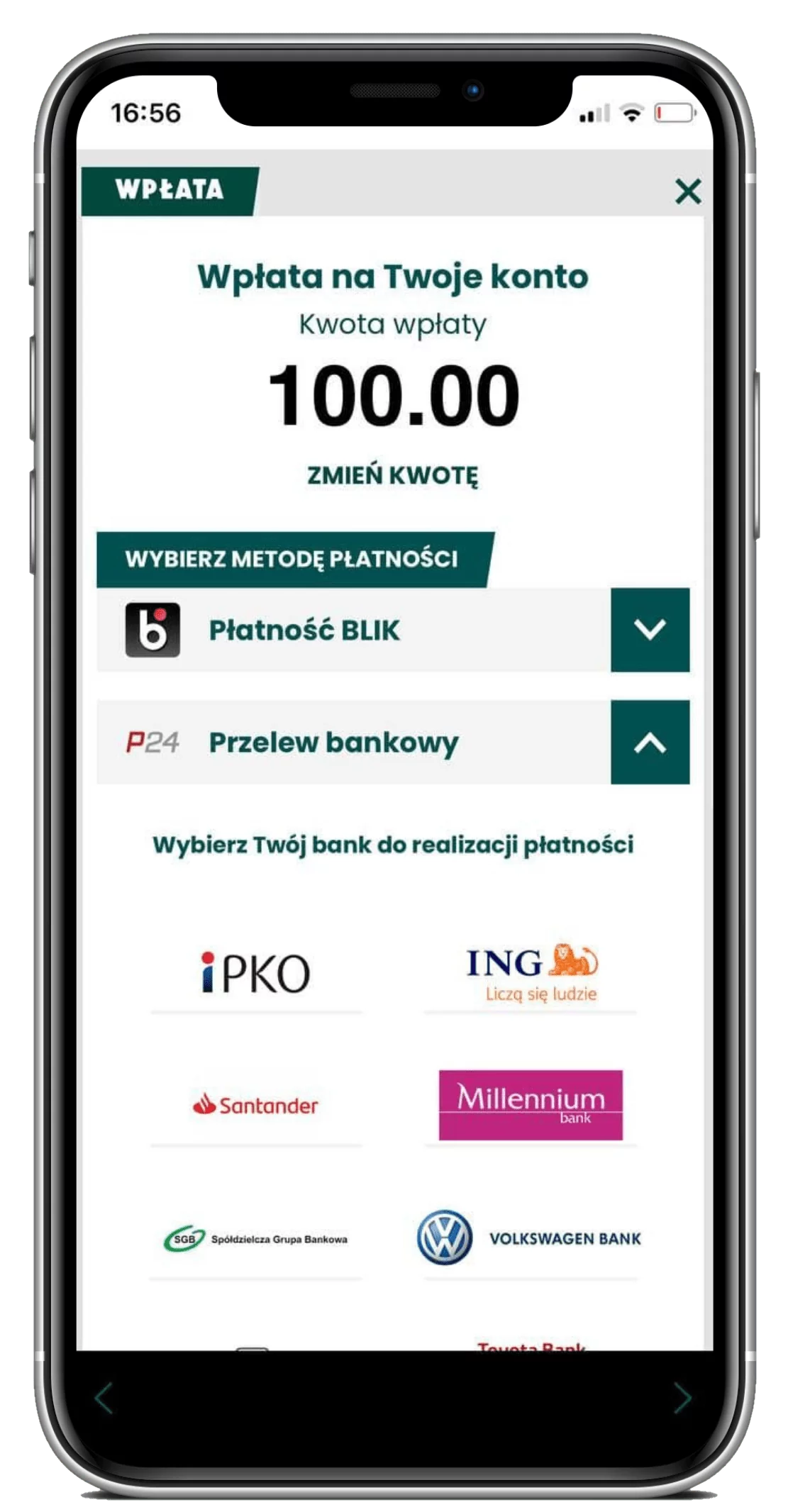 Metody wpłaty depozytu w rozdziale płatności w aplikacji mobilnej Betfan