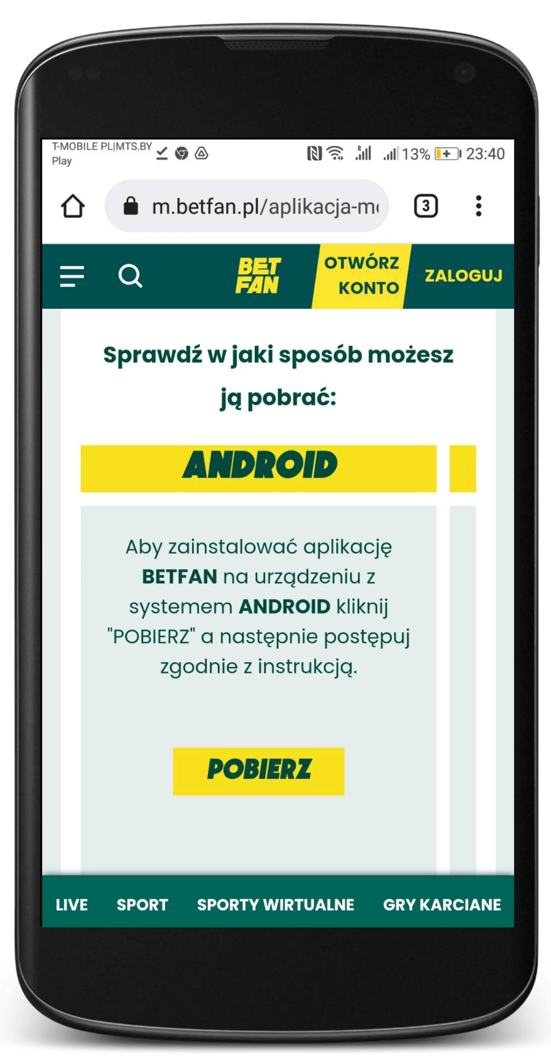 Rozdział pobierania aplikacji mobilnej na Android na oficajlnej stronie bukmachera Betfan