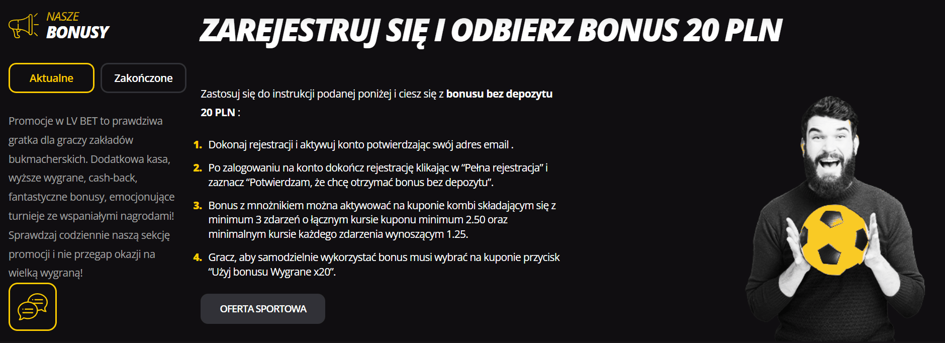 Bonus bez depozytu za rejestrację u bukmachera LVBet 20 PLN
