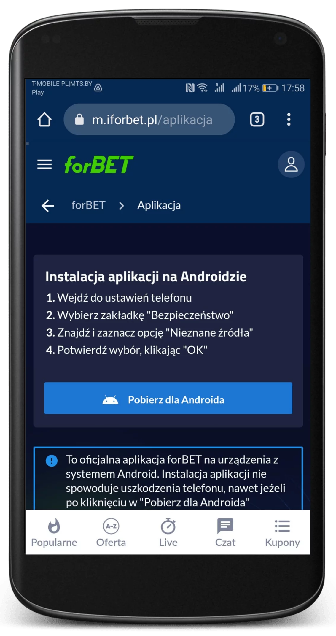 Rozdział aplikacji mobilnej na stronie oficjalnej bukmachera Forbet - kliknij pobierz aplikację na Android