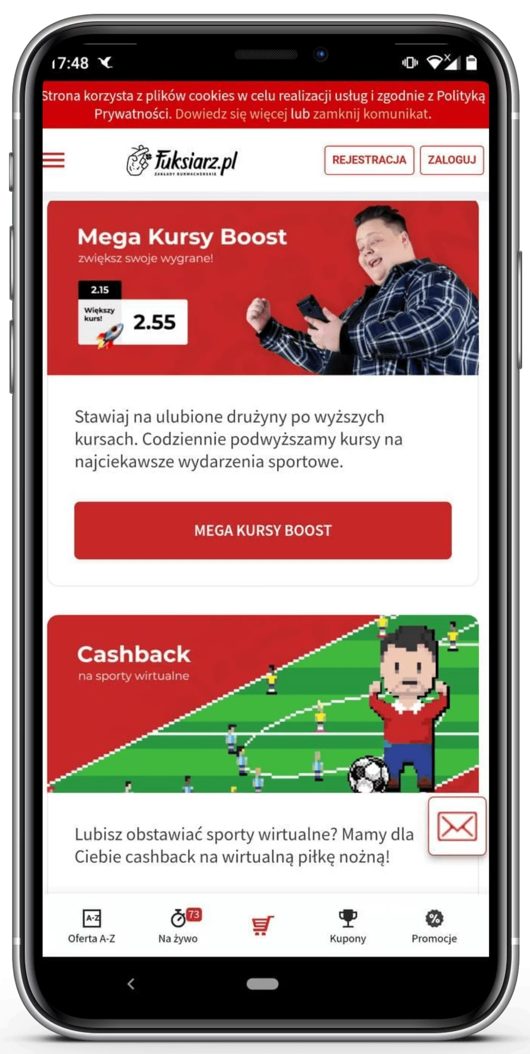 Rozdział bonusów w aplikacji mobilnej dla Android legalnego bukmachera Fuksiarz - promocja Mega Kursy Boost i Cashback