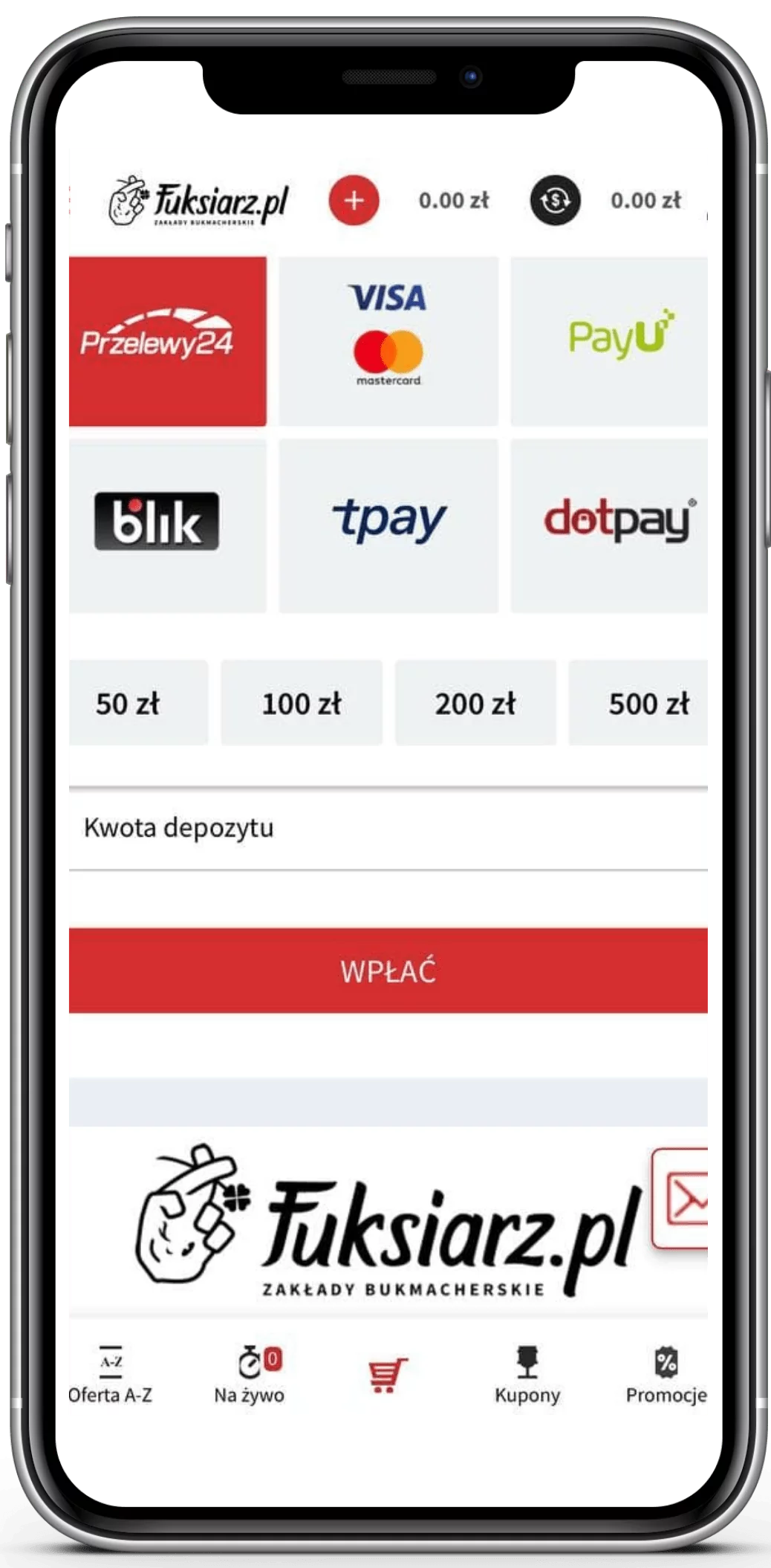 Metody wpłaty depozytu w rozdziale płatności w aplikacji mobilnej legalnego bukmachera Fuksiarz - wybierz odpowiedni sposób
