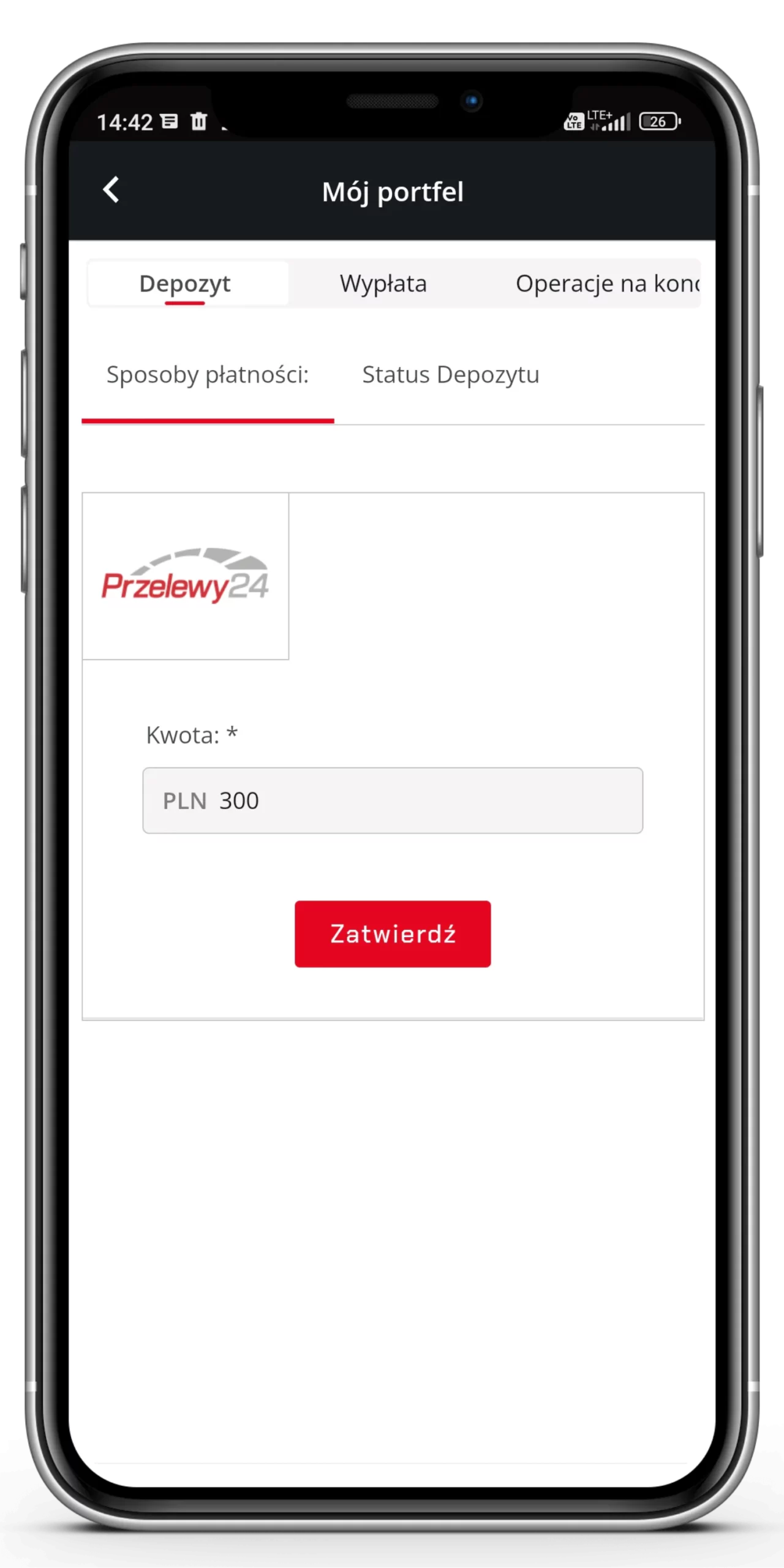 Jak dokonać wpłaty w aplikacji mobilnej Betters krok 3 - wpisz kwotę depozytu i przejdź dalej