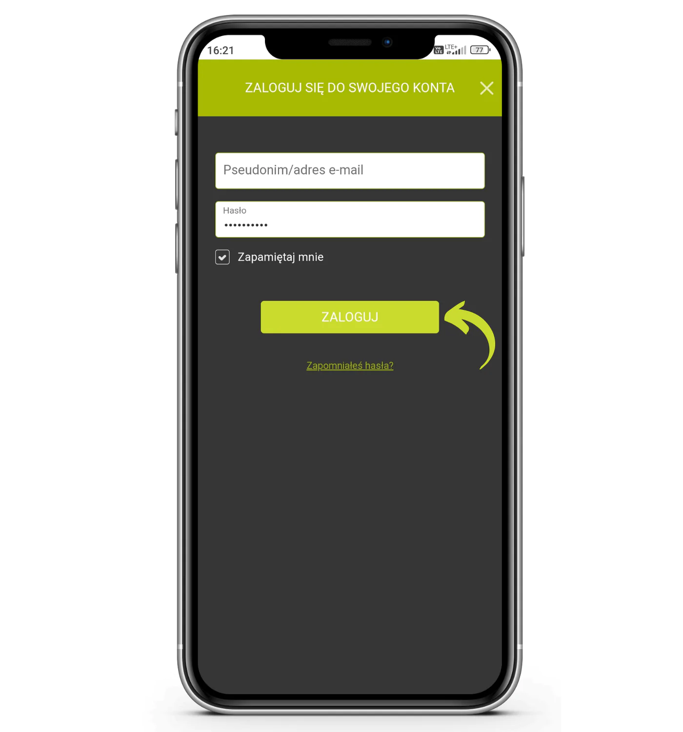 Jak dokonać wypłaty za pomocą aplikacji mobilnej GoPlusBet krok 1 - włącz aplikację mobilną bukmachera, a następnie zaloguj się na swoje konto