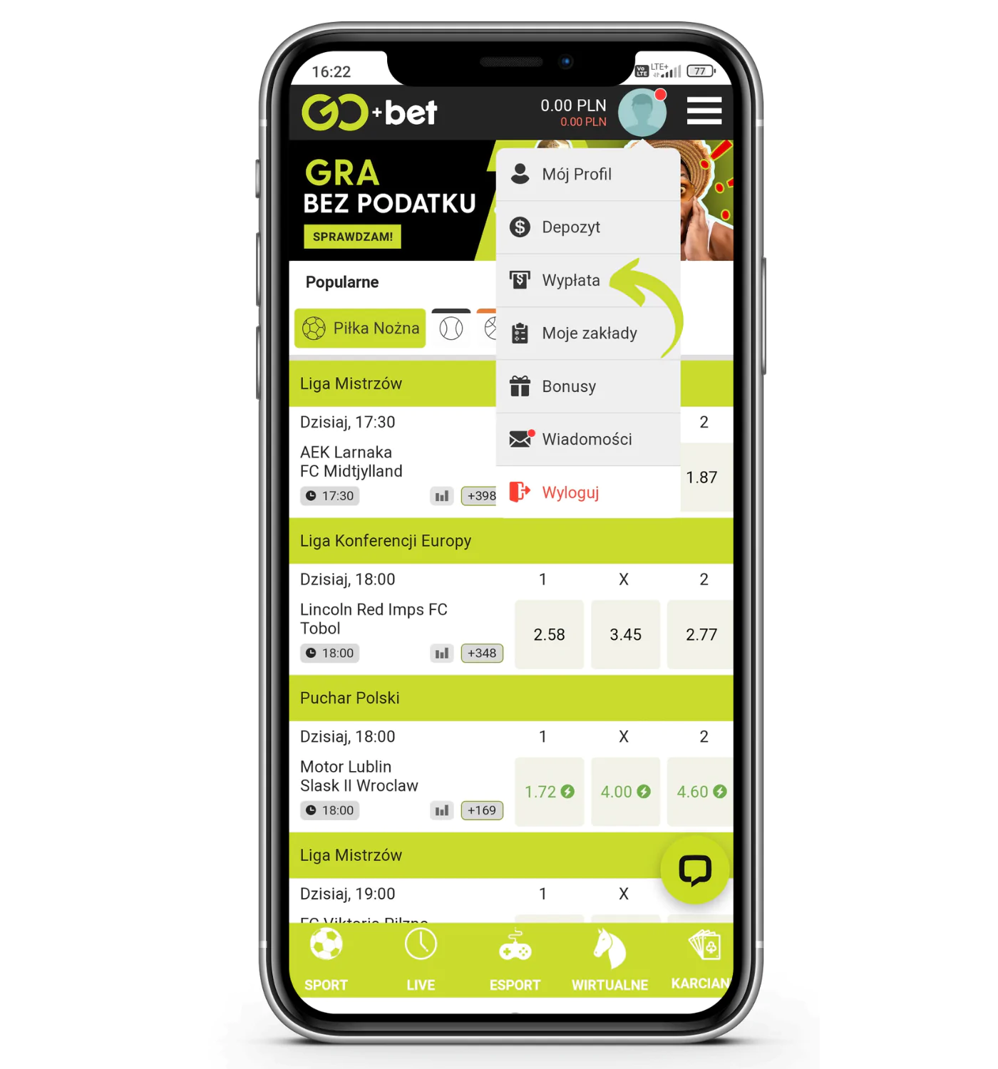 Jak dokonać wypłaty za pomocą aplikacji mobilnej GoPlusBet krok 2 - naciśnij ikonkę profilu w prawym górnym rogu i wejdź w sekcję „Wypłaty”