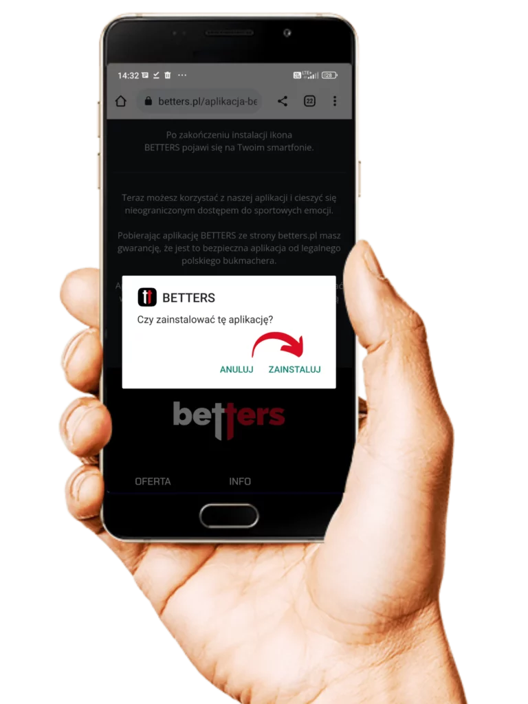 Jak pobrać aplikację mobilną Betters na Android krok 4 - rozpocznij proces instalacji aplikacji na swoj smartfon, klikając zainstaluj