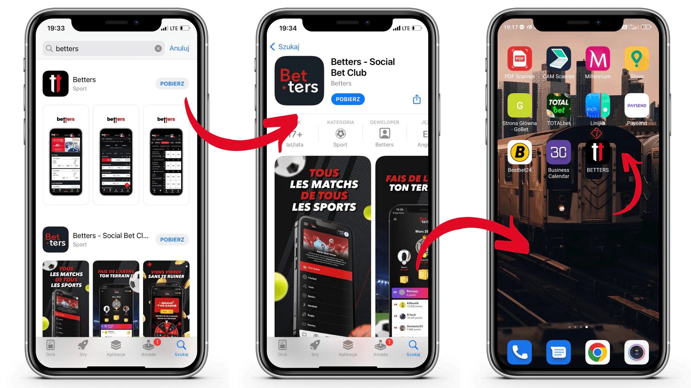 Jak pobrać aplikację mobilną Betters na IOS krok po kroku - wejdź do AppStore, wpisz nazwę aplikacji, pobierz ją i korzystaj do woli