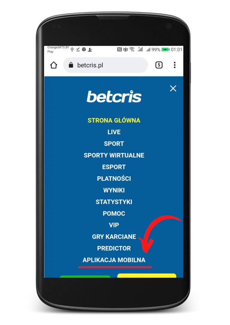 Jak zainstalować apkę Betcris na Android krok 2 - menu główne z aplikacją mobilną