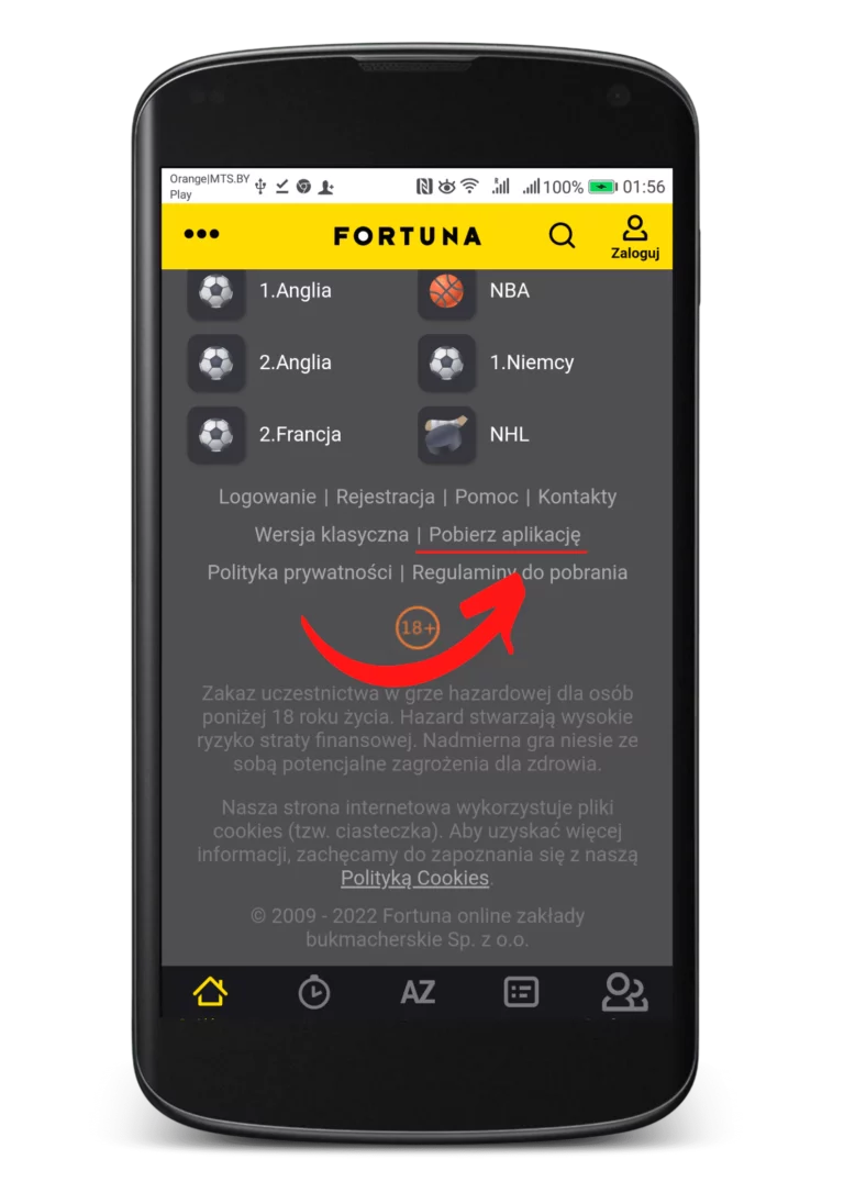 Jak zainstalowac apkę Fortuna na Android krok 2 - wybrać aplikację mobilną