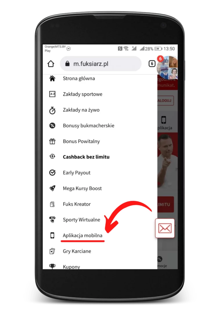 Jak zainstalować apkę Fuksiarz na Androida krok 2 - menu z aplikacją mobilną