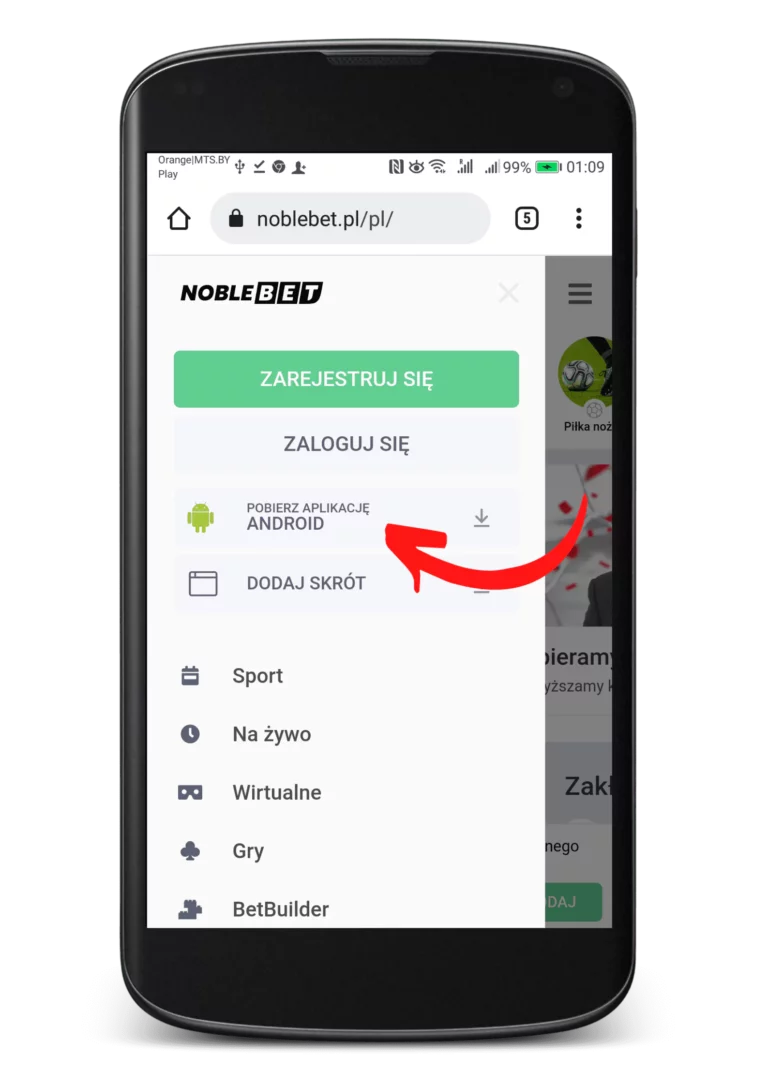Jak zainstalować apkę Noblebet na Android krok 2 - menu główne