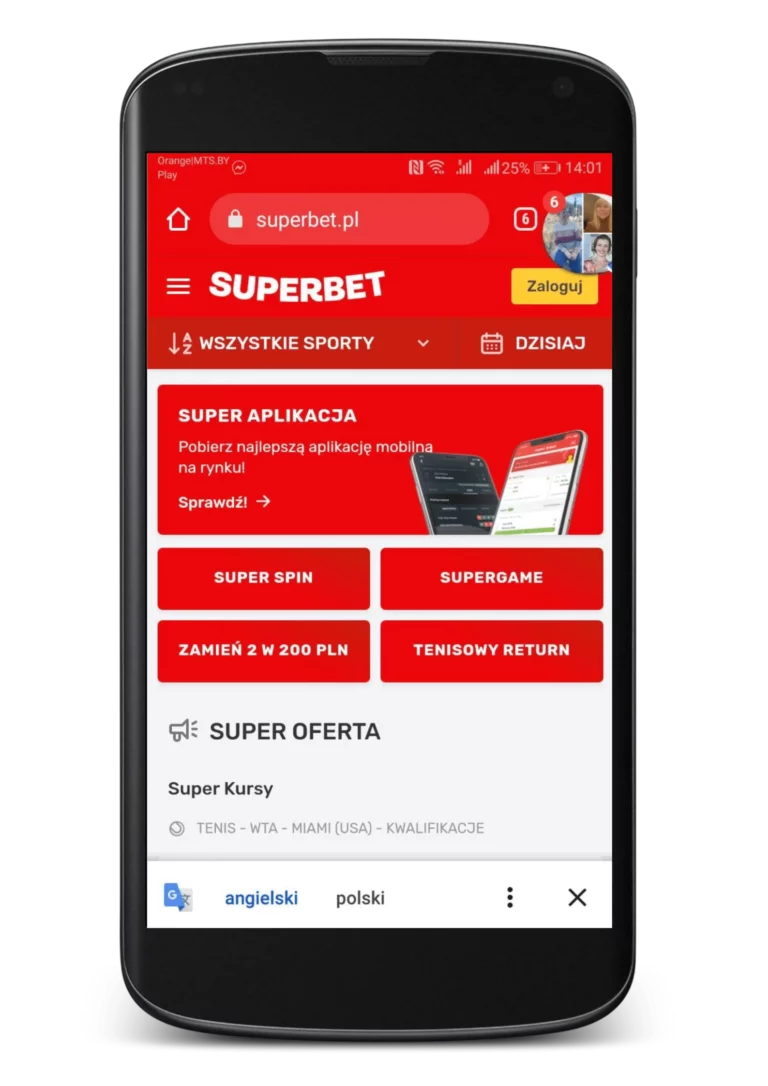 Jak zainstalować apkę Superbet dla Android krok 1 - główna strona bukmachera