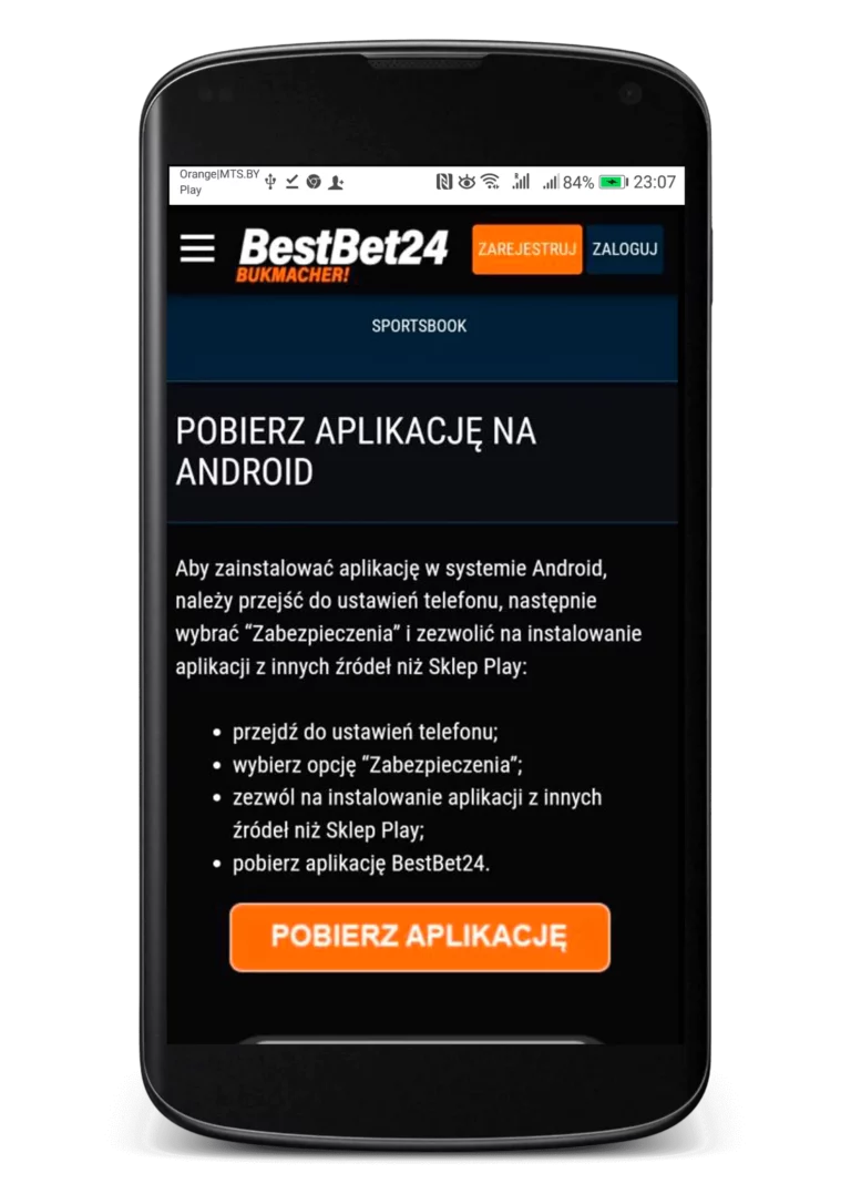 Jak zainstalować aplikację mobilną BestBet24 na Androida krok 2 - wybieramy przycisk pobierz aplikację