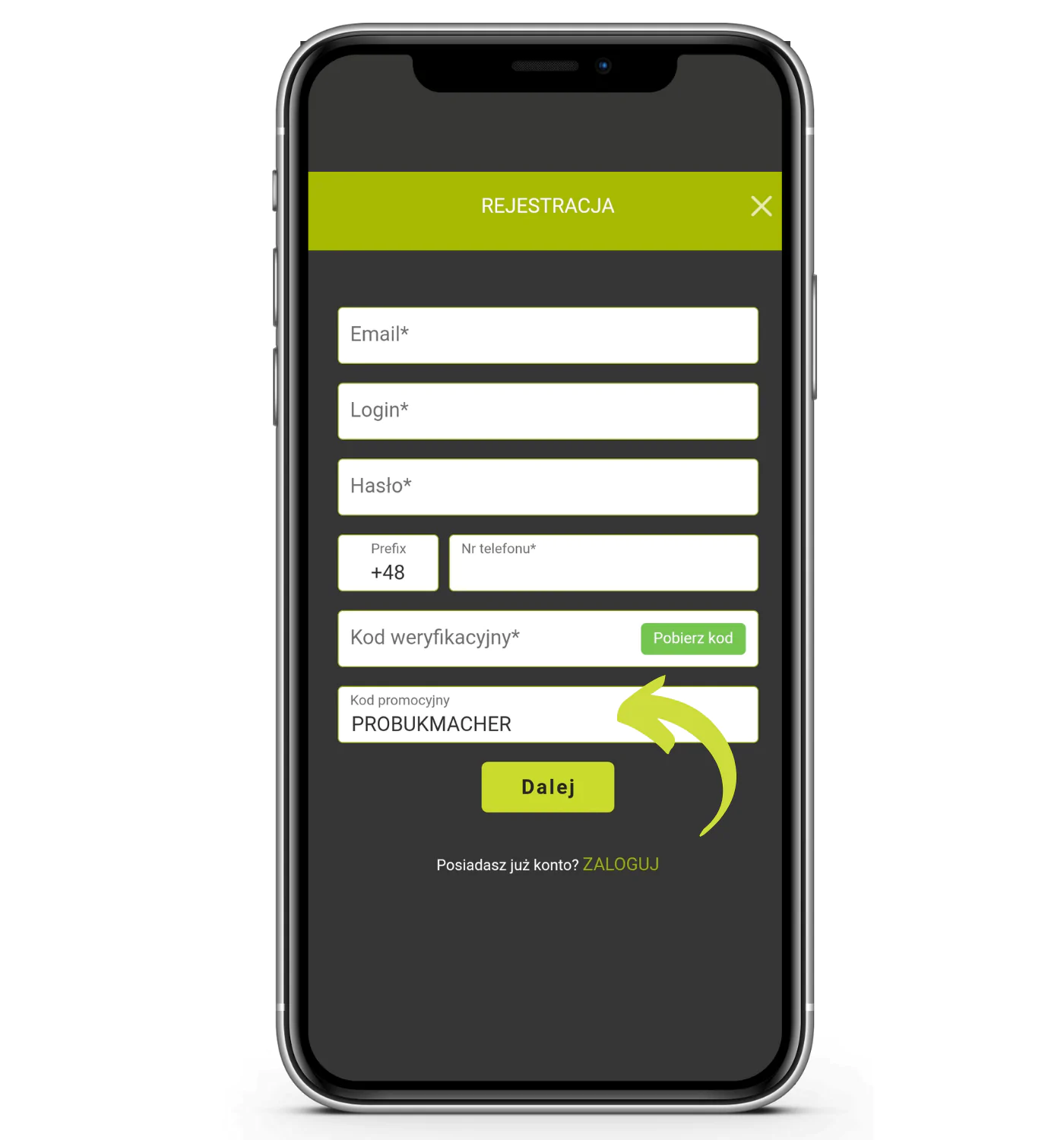 Krok 1 rejestracji mobilnej u legalnego bukmachera Goplusbet - otwórz formularz rejestracyjny, wpisz dane kontaktowe, hasło oraz podaj kod bonusowy PROBUKMACHER