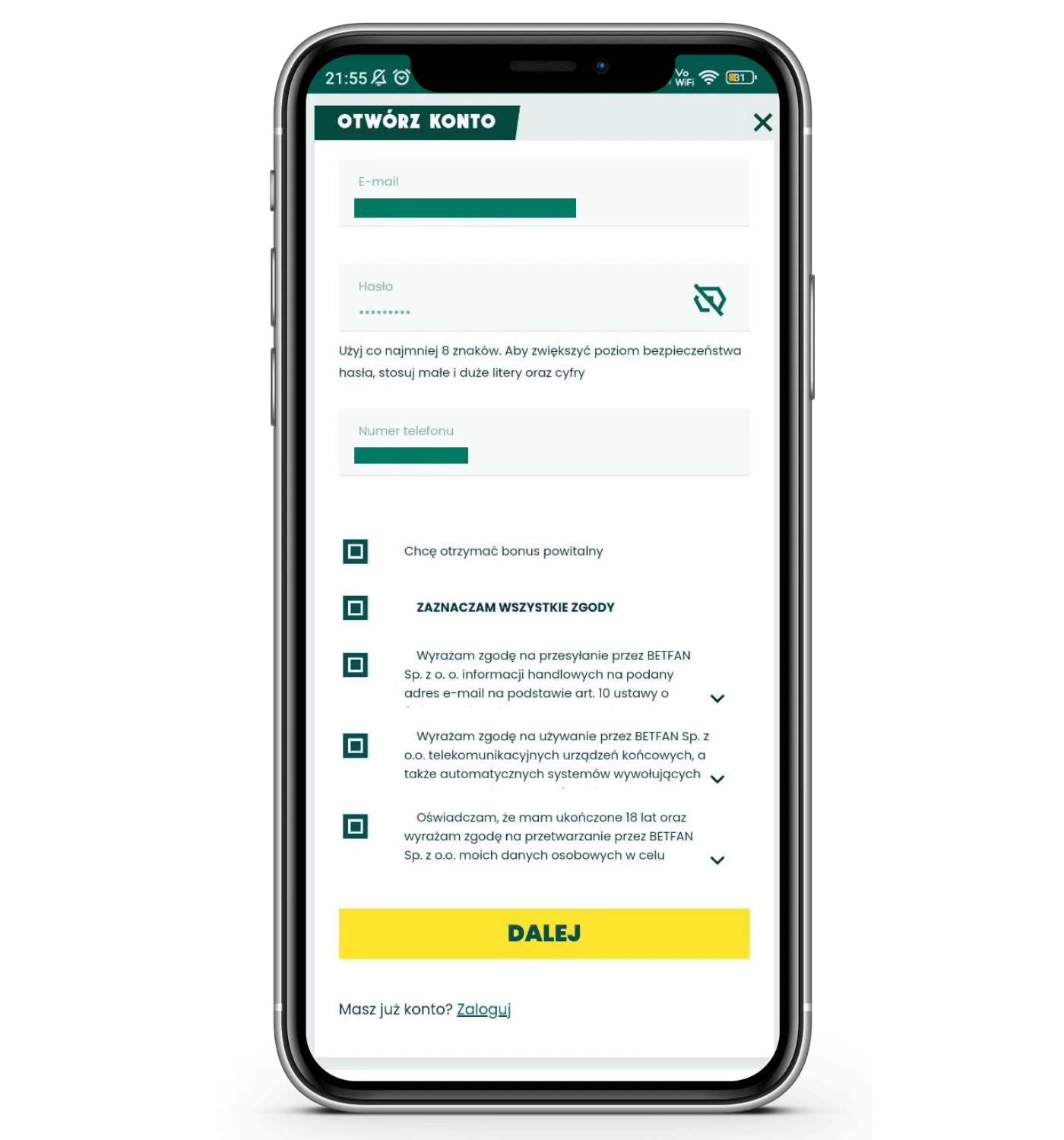 Krok 3 rejestracji w aplikacji mobilnej Betfan - zaznacz chęć udziału w promocji powitalnej i przedź dalej