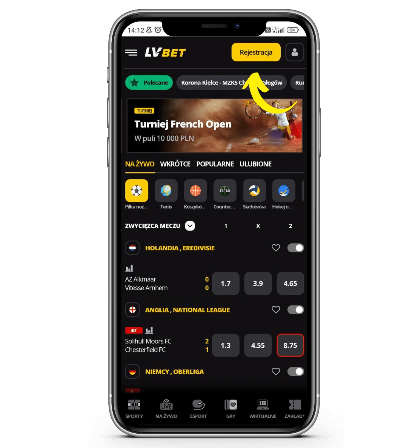 Krok 3 rejestracji w aplikacji mobilnej LVBET - wciśnij żółty przycisk rejestracji w prawym górnym rogu i przejdź do formularza