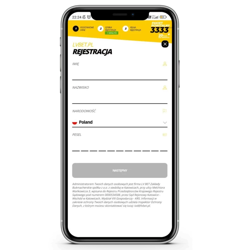 Krok 4 rejestracji w aplikacji mobilnej LVBET - formularz rejestracyjny, gdzie trzeba wpisać swoje dane osobowe i kod promocyjny