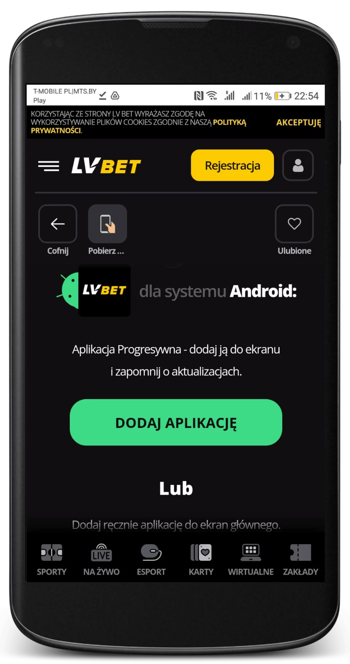 Pobrać aplikację mobilną na Android w rozdziale aplikacji na oficjalnej stronie legalnego bukmachera LVBet