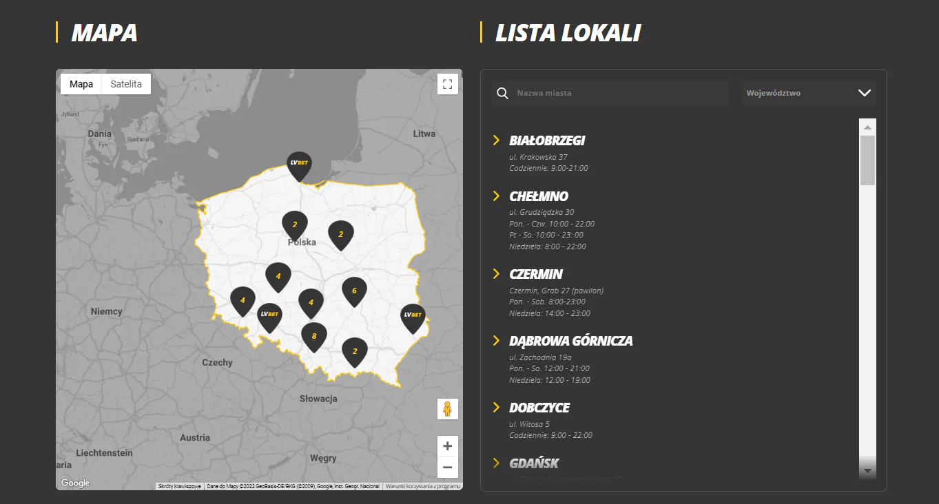 Mapa naziemnych punktów bukmachera LVBET w Polsce