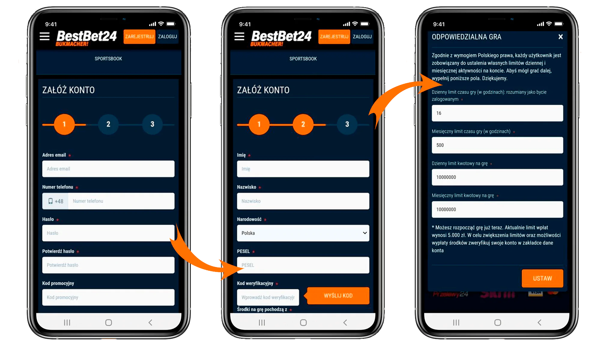 Mobilna rejestracja bukmachera w BestBet24 w trzech krokach - wypełnij swoje dane uwierzytelniające, podaj numer pesel, ustaw limity gry