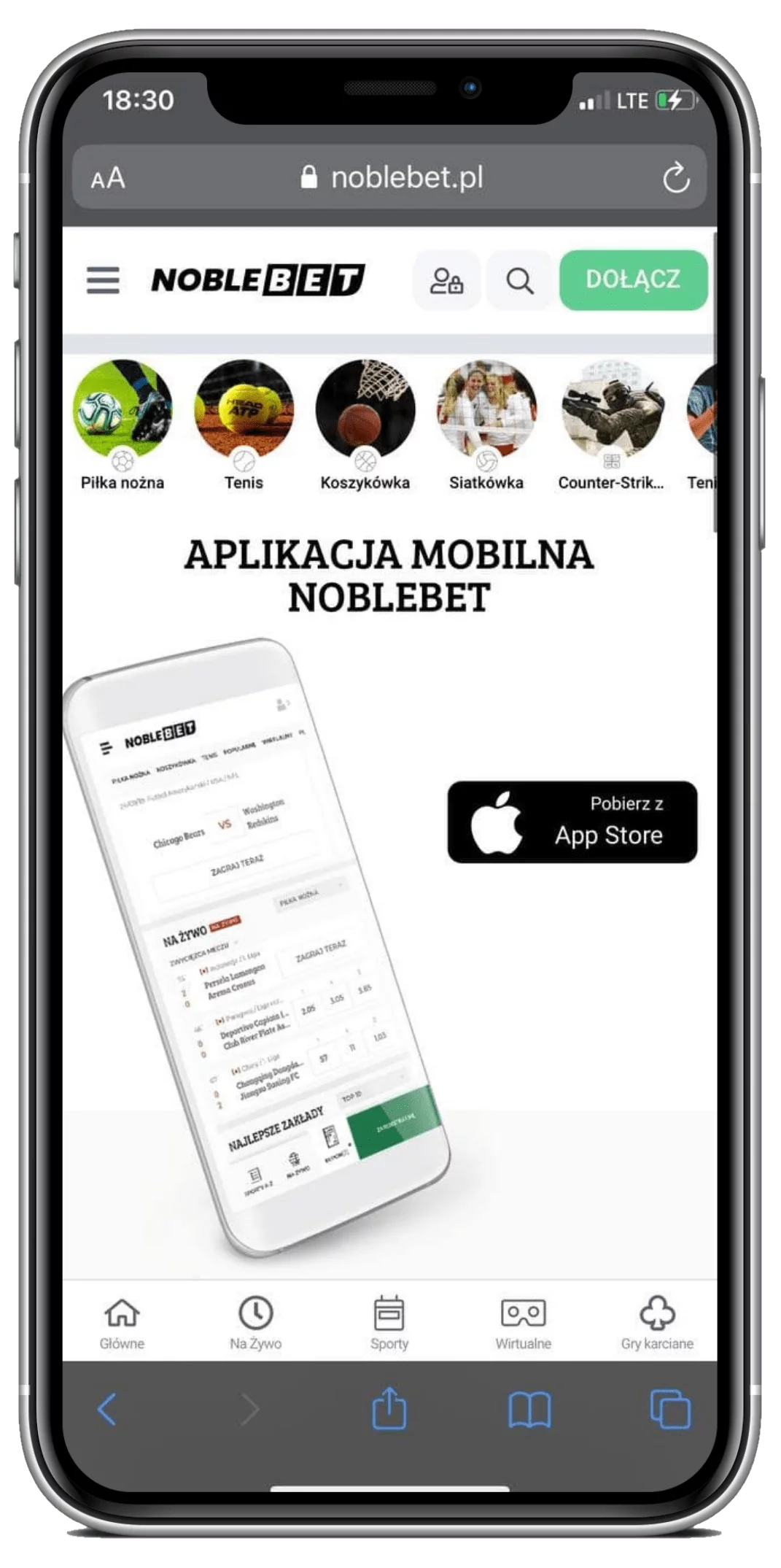 Wejdź na oficjalną stronę legalnego bukmachera Noblebet i przejdź do rozdziału aplikacji mobilnej w menu, żeby pobrać aplikację mobilną na Android lub IOS