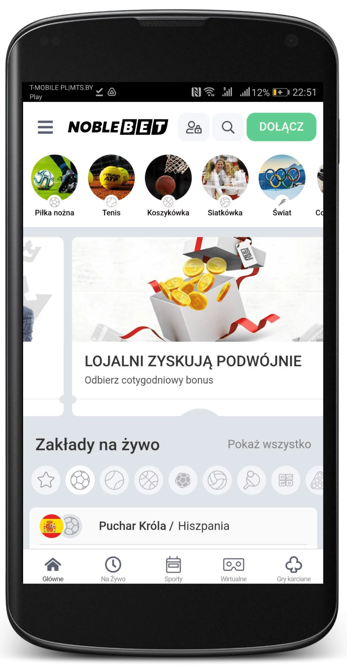 Strona główna aplikacji mobilnej legalnego bukmachera Noblebet dla Android