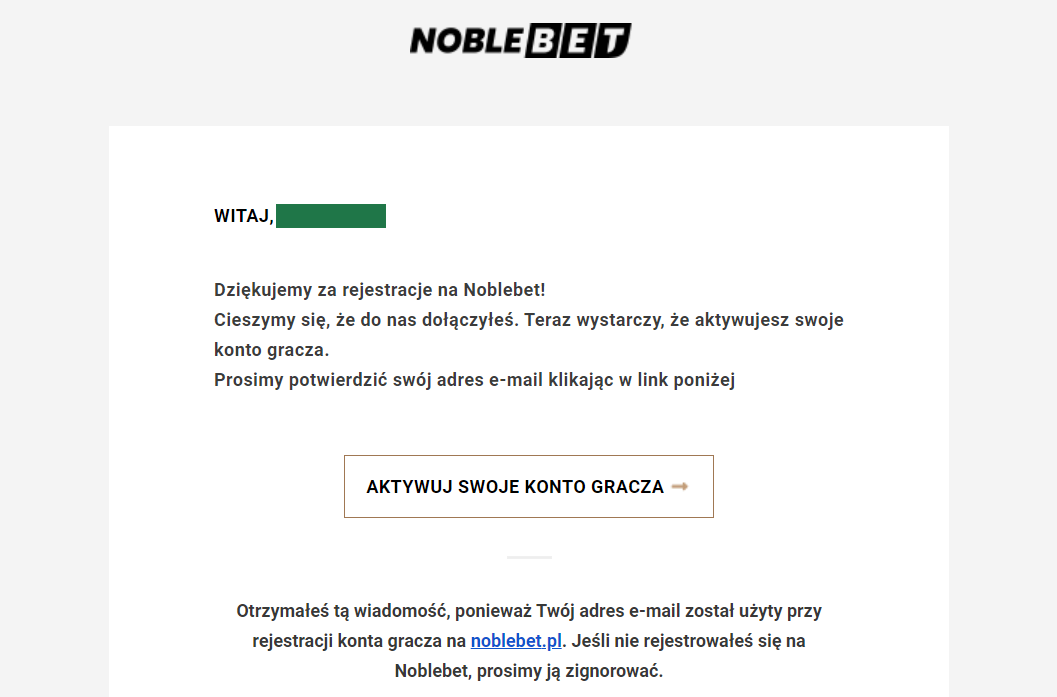 Rejestracja u legalnego bukmachera Noblebet krok po kroku - krok 4, wejdź na swojego maila i kliknij w link aktywacyjny, żeby skończyć rejestrację