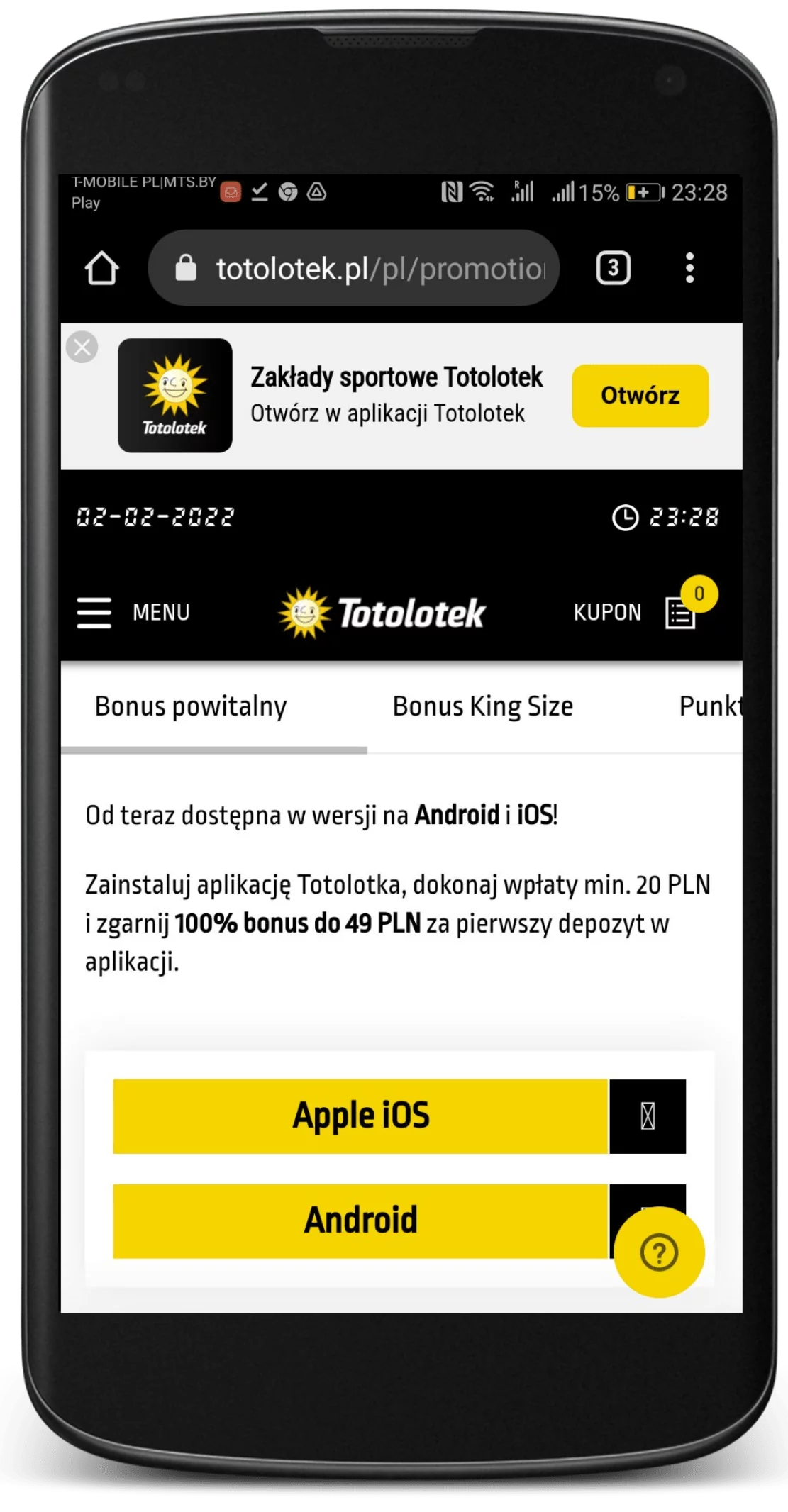 Wejdź na oficjalną stronę legalnego bukmachera Totolotek, na dole strony wcisnij przycisk i pobierz aplikacje mobilna na Android i IOS