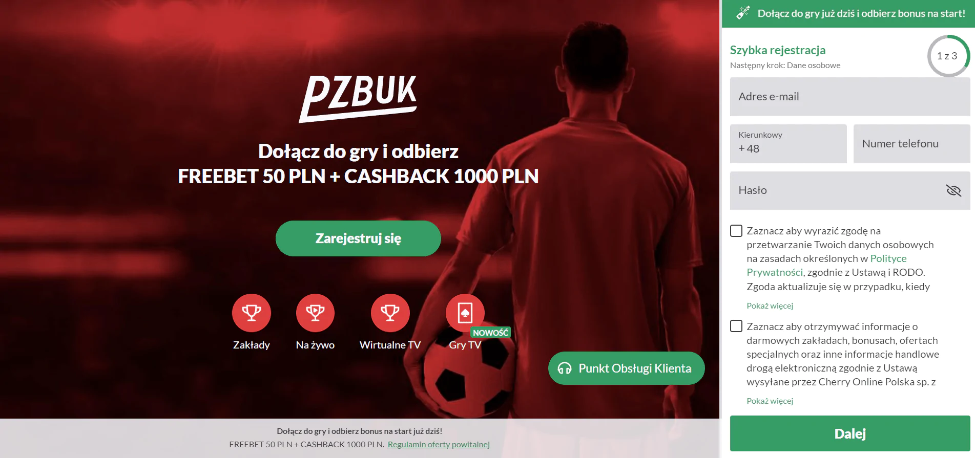 Załóż nowe konto gracza, żeby otrzymać freebet o wysokości 50 PLN - wejdź na stronę główną bukmachera PZBUK i kliknij przycisk rejestracji