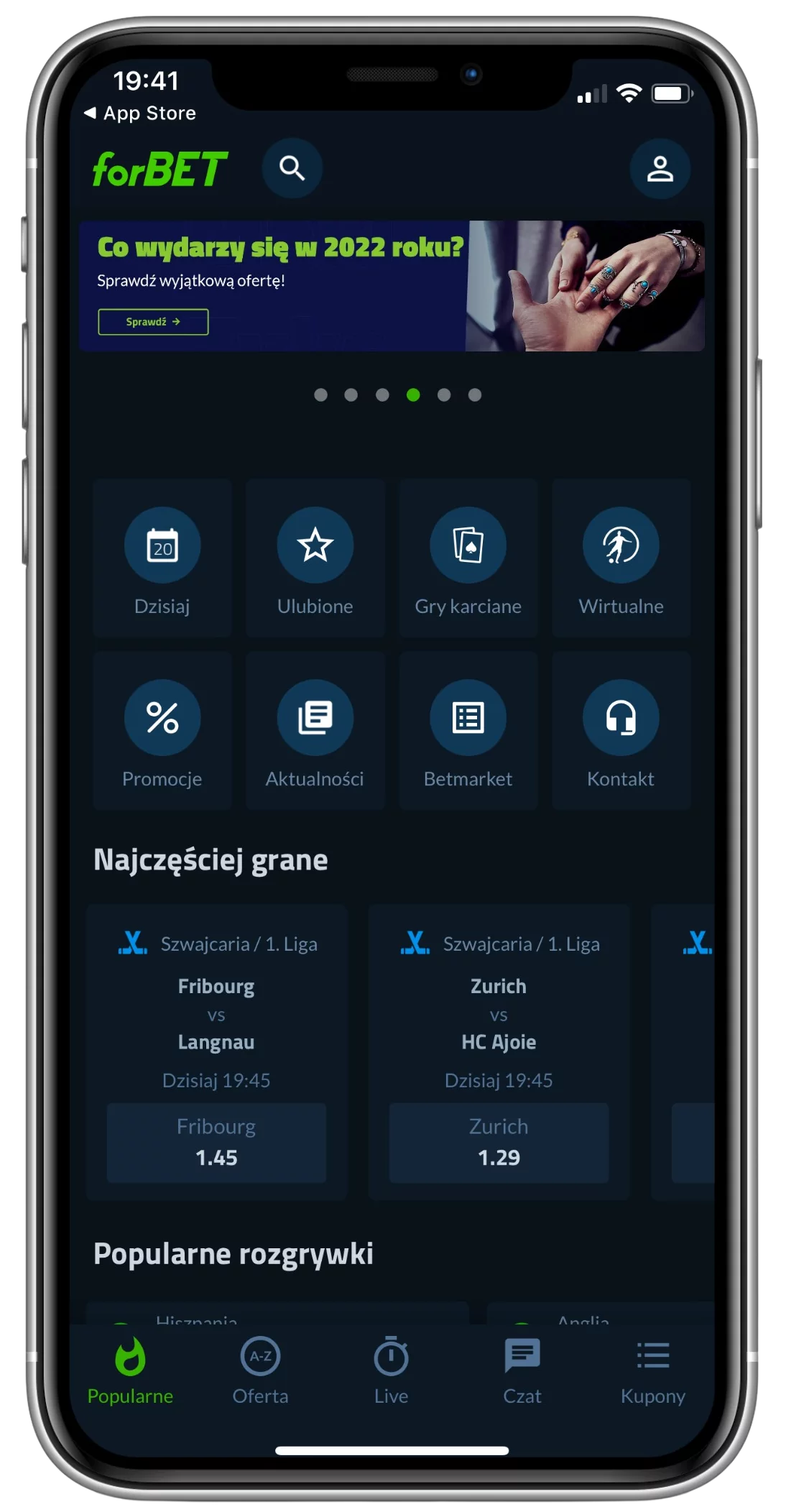 Strona główna aplikacji mobilnej Forbet dla IOS
