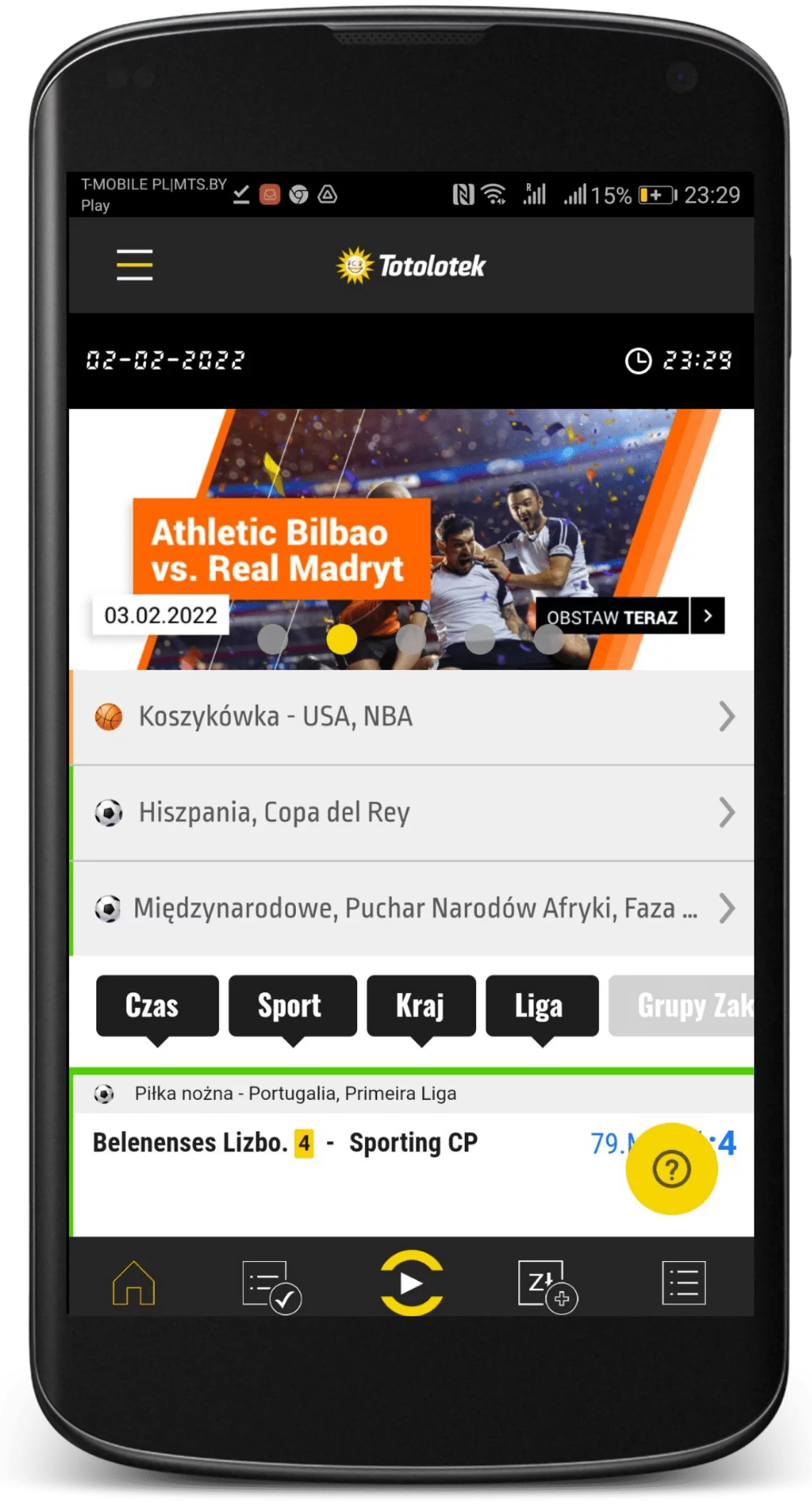 Strona główna aplikacji mobilnej legalnego bukmachera Totolotek dla Android